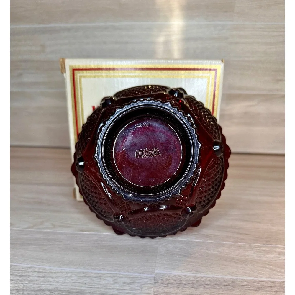Avon Vintage Cape Cod Dessert Bowl Set Ruby Red Glass With Soaps 1876 Collection